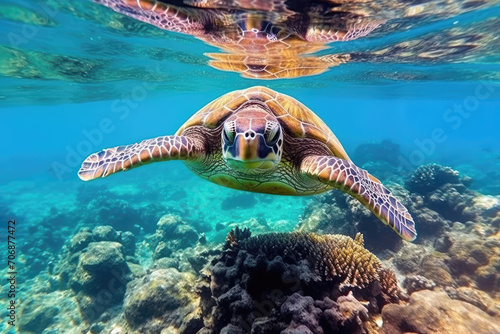 Green sea turtle swimming on coral reef in tropical sea. Green sea tortoise underwater photo © Natalia Garidueva
