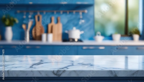 Wallpaper Mural Kitchen Couture: Blurred Blue Background Frames an Empty White Marble Countertop Torontodigital.ca