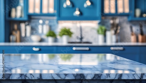 Marble and Blue Bliss  Uncluttered White Countertop in a Modern Kitchen