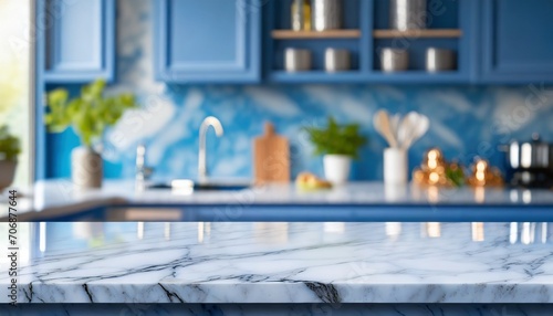 Quiet Sophistication  Empty White Marble Counter in a Blue-Toned Kitchen