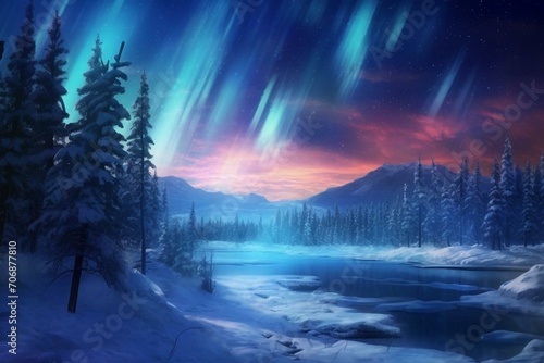 Winter arctic landscape illuminated by stunning aurora borealis northern lights. Generative AI © Althea