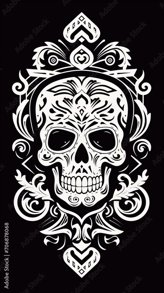 Tattoo, grayscale bold block print, clean simple bold vector graphic, white on black background.