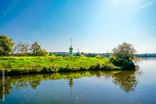 View of Lake Kemnader and the surrounding nature. Landscape at the Ruhr reservoir in the Ruhr area. 