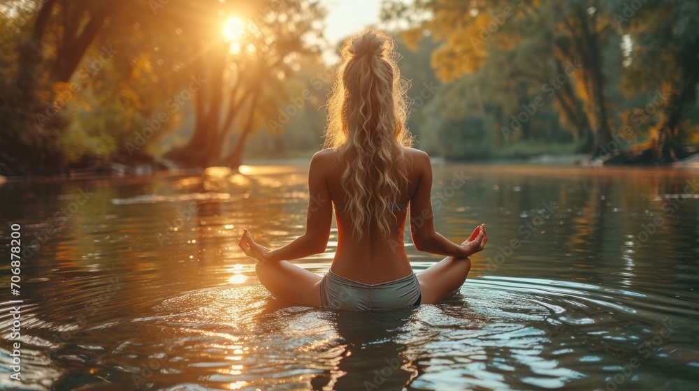 Woman practicing advanced yoga by the water Woman practicing advanced yoga by the water