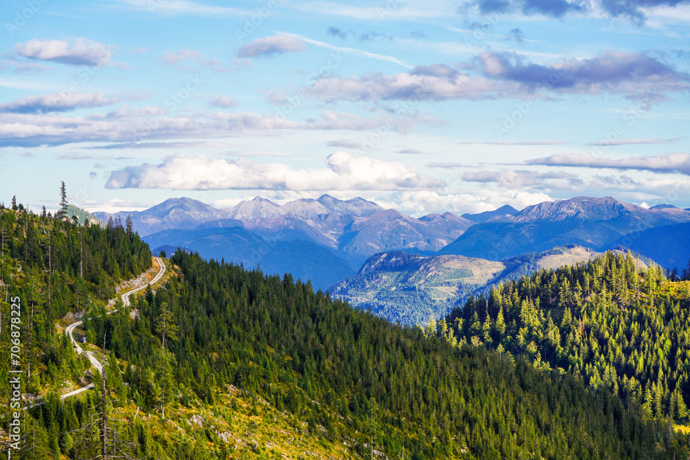 Idyllic landscape with mountains and forests at the Tauplitzalm in Austria. Nature on the Tauplitz in Styria in the Salzkammergut.
