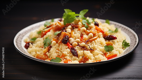 couscous served on wooden table