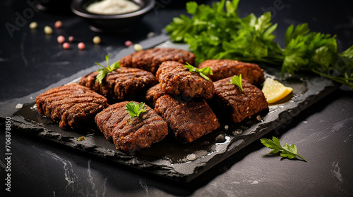 delicious Lebanese Arabic food kibbeh kibe on black slate photo