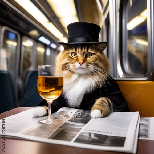 The cat is reading a newspaper. Cat in the subway