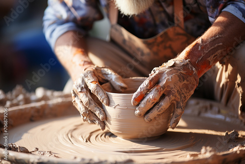 A potter's hands shaping a wet clay vessel on a spinning wheel.