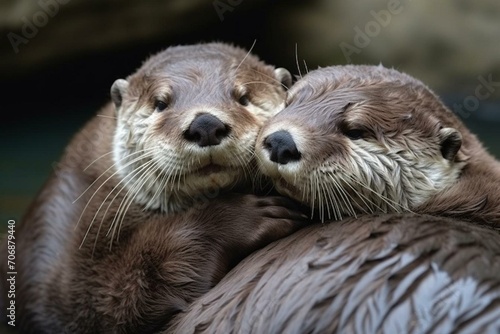 adorable cuddling otter couple sharing affection. Generative AI © Ava