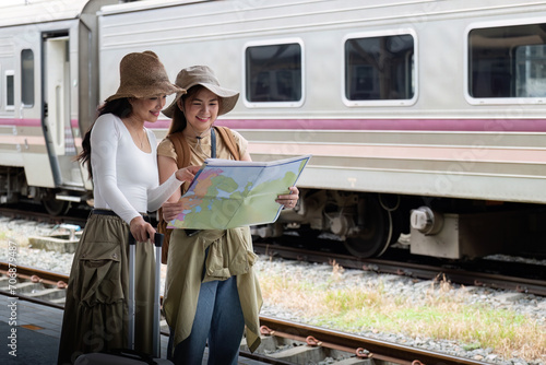 Travel concept. girl friend wear hat holding map have bag and luggage. female traveller waiting train at train station