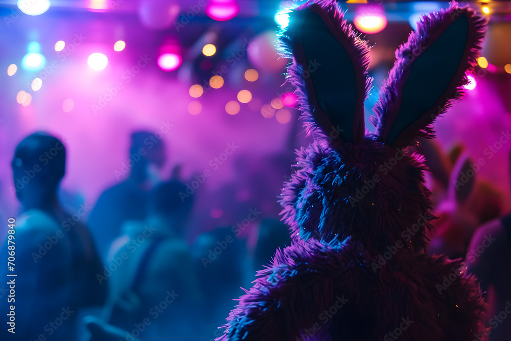 Easter bunny dancing at nightclub - obrazy, fototapety, plakaty 