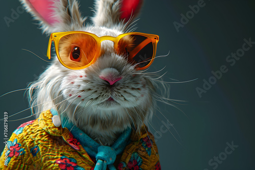 funny studio portrait of 3D Easter bunny character wearing sunglasses with copy space