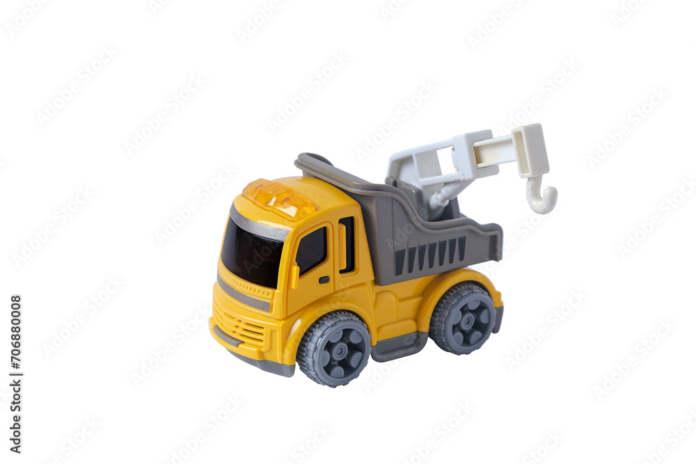 Industrial yellow mobile crane truck toy, plaything for kid learning about construction site work and logistic work