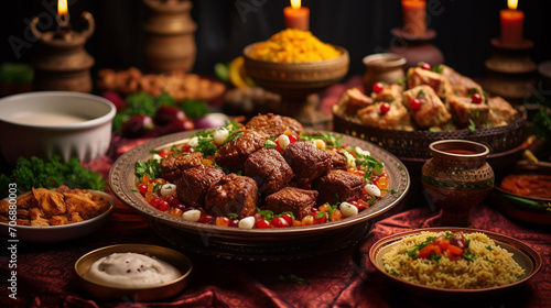festive traditional Middle Eastern Muslim Halal food served on table with candles