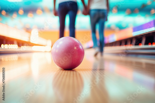 Pink bowling ball in focus with a couple in the background. The concept illustrates a fun, leisure activity.