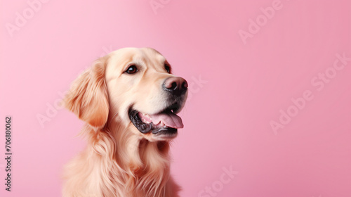 Beautiful golden retriever dog on pink background