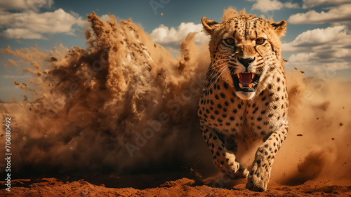 A cheetah cloud running swiftly across a savannah gold background.
