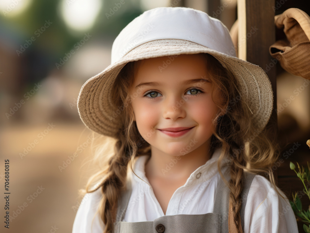 A smiling girl wearing a sun hat and braids. The concept captures youthful joy and innocence.