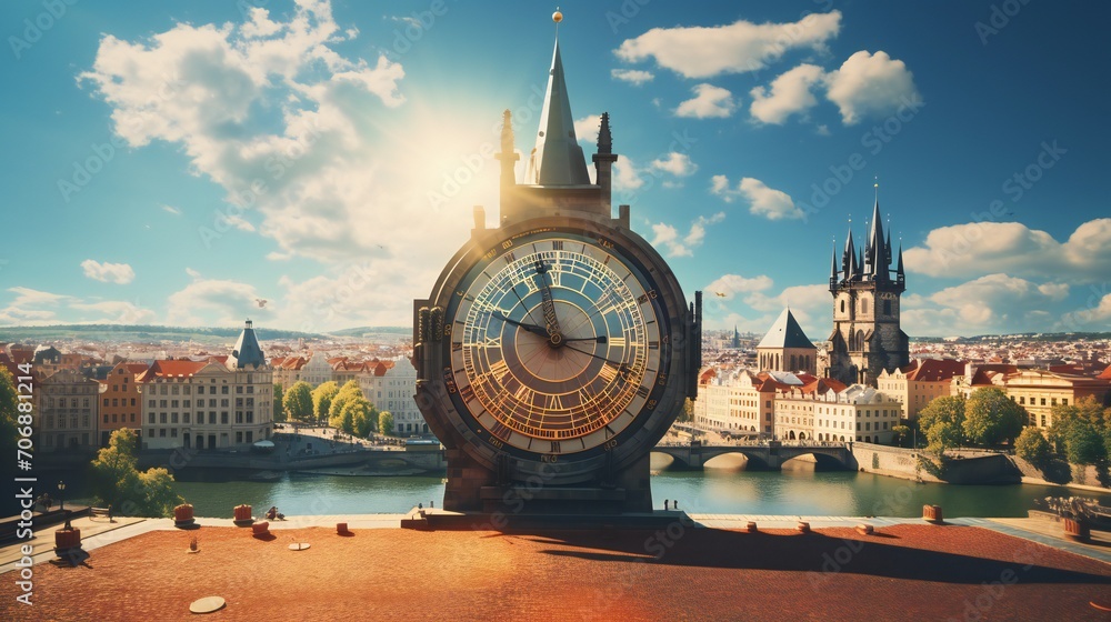 Panoramic view highlighting the iconic Prague clock as an integral part ...