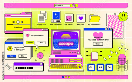 The screen of an old retro PC in the y2k style. Retro wave and vaporwave background. Bright vintage computer interface