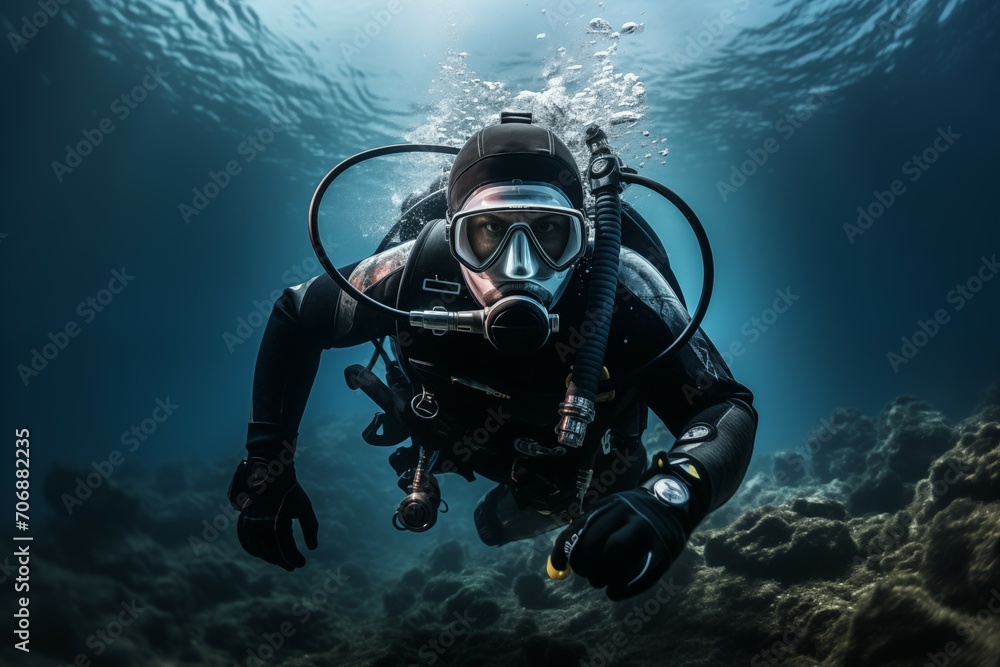 Male Scuba Diver in the Underwater World Male Scuba Diver in the Underwater World