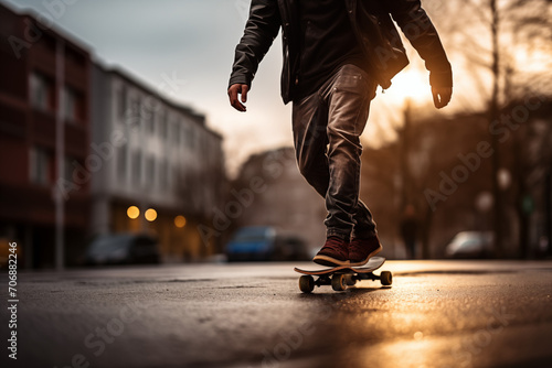 Male Skateboarder with a Skateboard on a City Background
