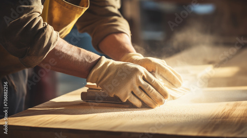 Close up of a carpenter hands with protective gloves working with wood plank photo