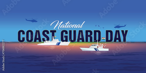 Indian Coast Guard Day is observed on 1 February every year to honor the important role that the organization plays Editable Vector Illustration, Indian Coast Guard patrolling surveillance boats photo