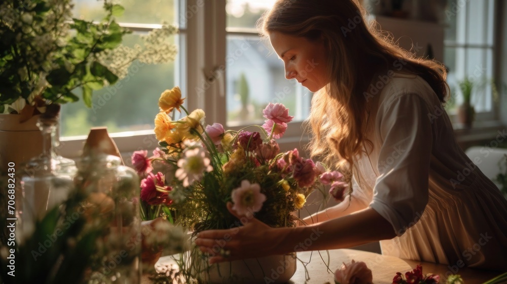 A photo of a mother arranging fresh flowers in a vase