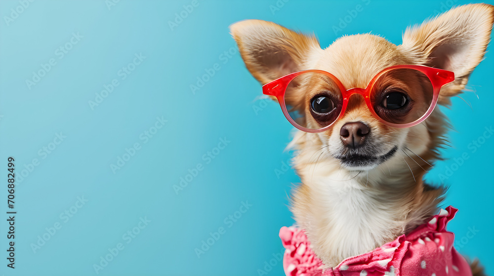 studio portrait of dog wearing sunglasses isolated on blue background with copy space