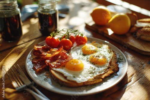 A plate of eggs, bacon, and tomatoes on a table. Perfect for illustrating a delicious breakfast or a healthy eating concept