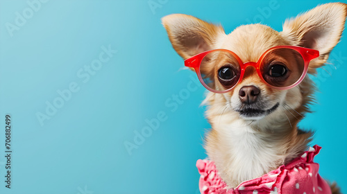 studio portrait of dog wearing sunglasses isolated on blue background with copy space