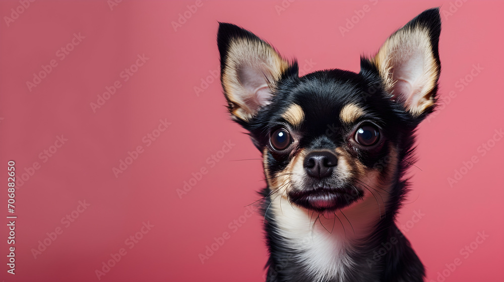 studio portrait of chihuahua dog isolated on pink background with copy space