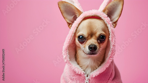 studio portrait of chihuahua dog wearing hoodie isolated on pink background with copy space photo