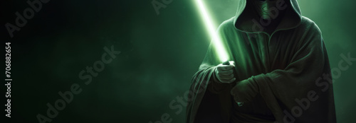 Warrior with the green light saber. Generative AI photo