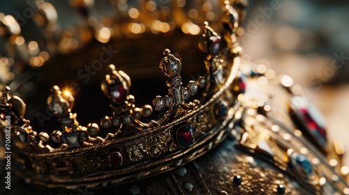 A gold crown resting on a table. Can be used for royalty, luxury, or power-related concepts
