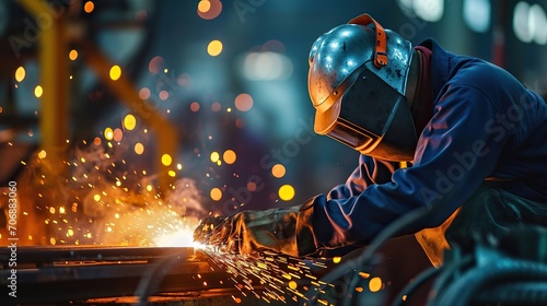 Industrial worker using torch to welding metal in factory, closeup