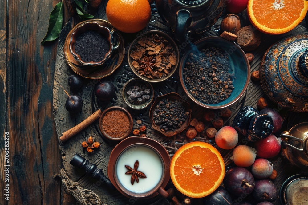 A collection of various fruits and spices displayed on a rustic wooden table. Perfect for food-related projects or adding a touch of color and flavor to any design