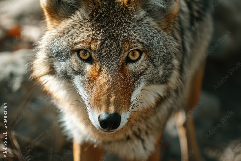 A captivating close-up of a wolf looking directly at the camera. Perfect for nature enthusiasts and wildlife lovers