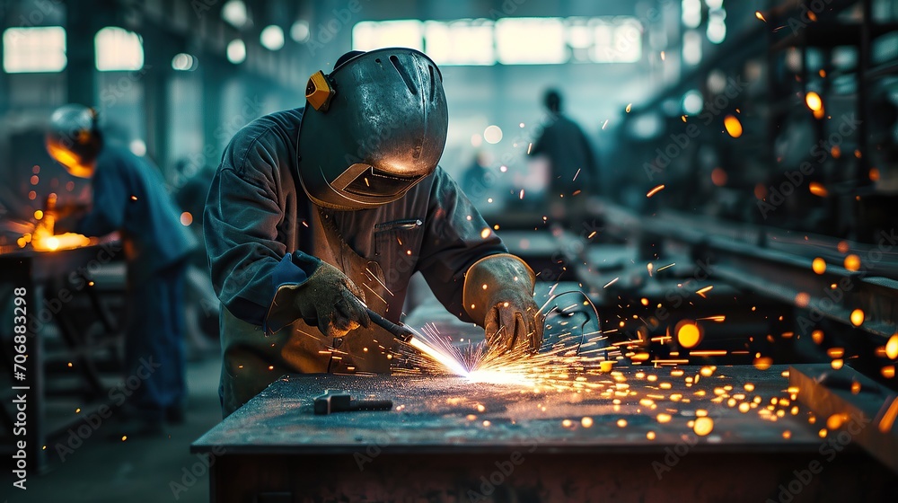 Industrial worker using torch to welding metal in factory, closeup Industrial worker using torch to welding metal in factory, closeup