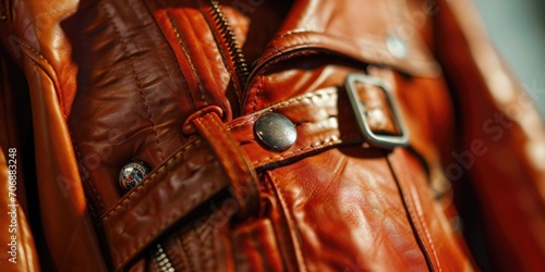 A brown leather jacket with a metal buckle. Perfect for adding a touch of style and edge to any outfit. Ideal for fashion blogs, clothing catalogs, and online fashion stores