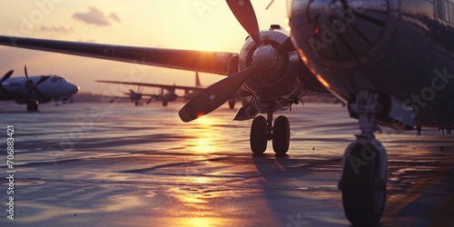 A small propeller plane parked on the airport tarmac. Suitable for aviation and travel-related projects