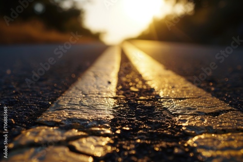 A beautiful sunset over a wet road. Ideal for depicting calmness, tranquility, and the beauty of nature. Suitable for various projects and designs