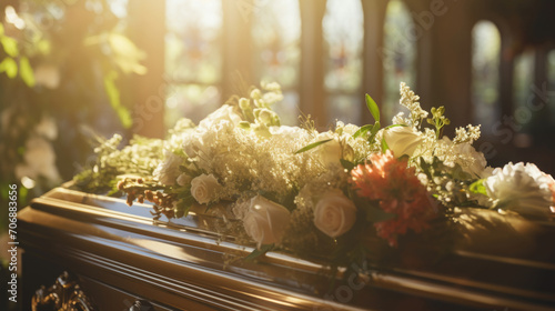 Brown coffin with white flowers in church on the funeral photo