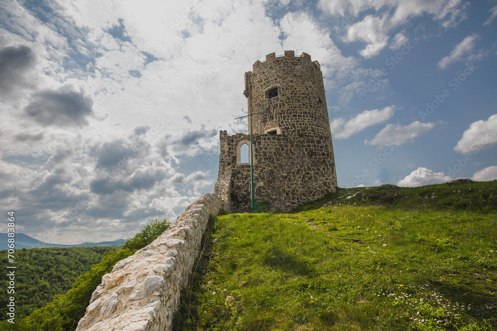 View towards sokolacka kula or sokolac fort close to bihac, bosnia on a summer day. Close to Golubac village, south from bihac, visible main tower.