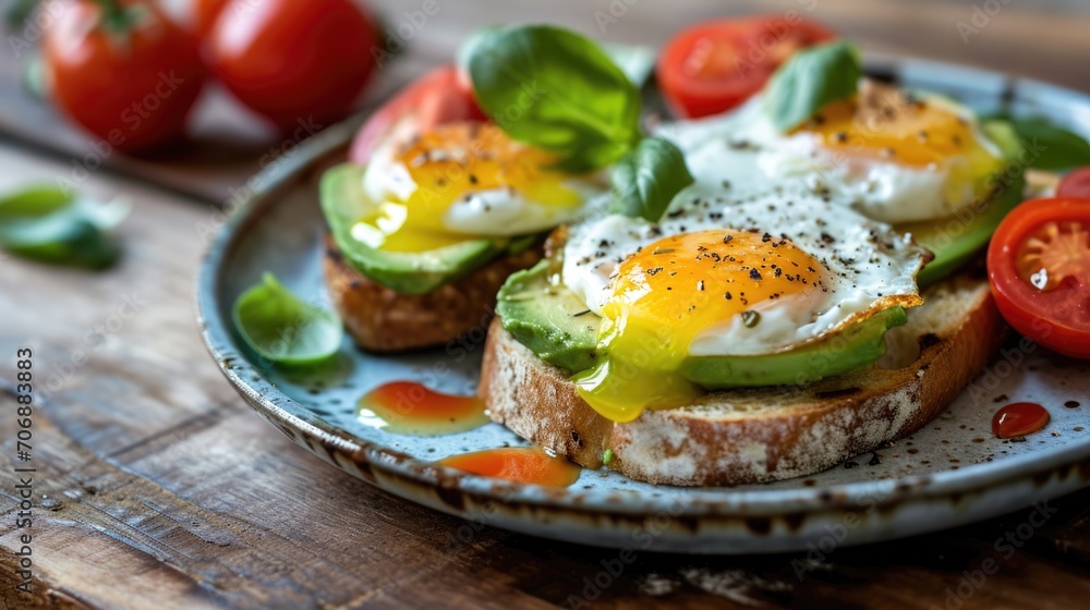 A delicious plate of food featuring eggs, avocado, and tomatoes. Perfect for a healthy breakfast or brunch option A delicious plate of food featuring eggs, avocado, and tomatoes. Perfect for a healthy breakfast or brunch option