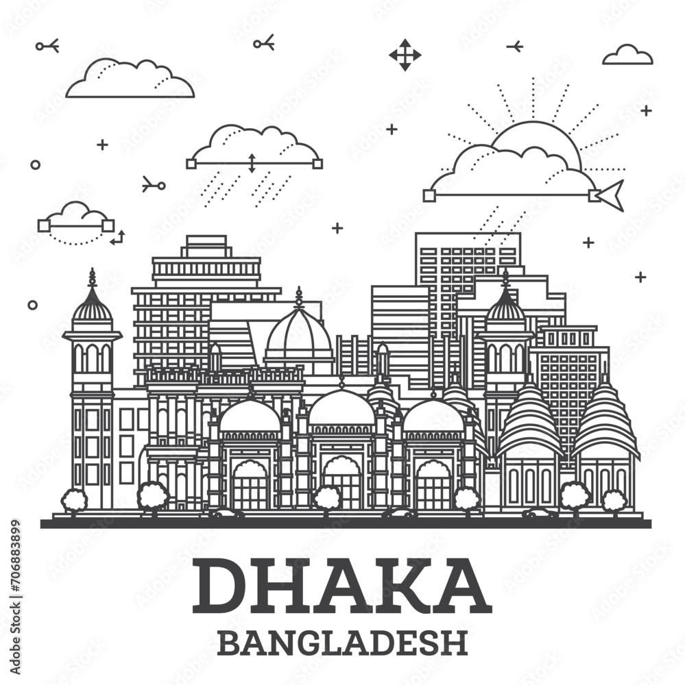 Outline Dhaka Bangladesh city skyline with modern and historic buildings isolated on white. Dhaka cityscape with landmarks.