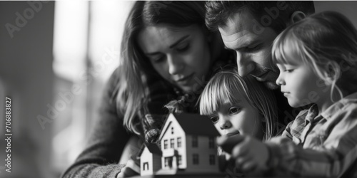 A woman and two children are seen looking at a model house. This image can be used to depict family, real estate, home buying, or housing concepts