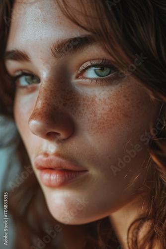 A detailed close-up of a woman's face showcasing her beautiful freckles. Perfect for beauty or skincare related projects © Fotograf